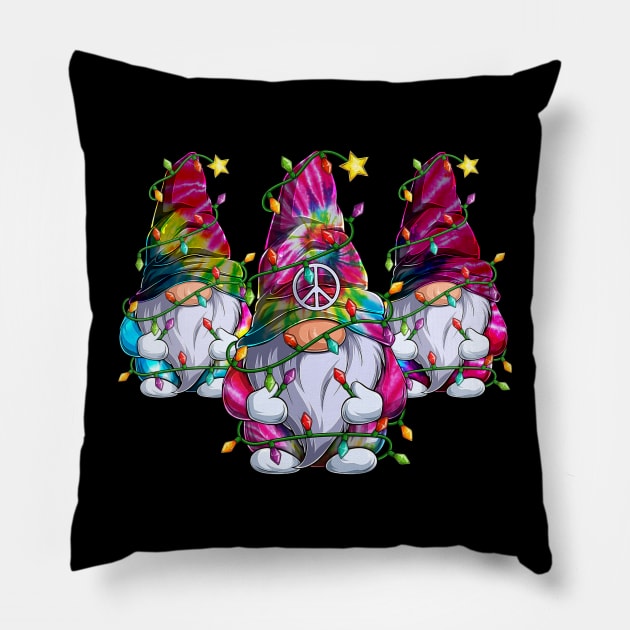 Three Hippie Gnomes Christmas Lights Xmas Gnome Lover Pillow by Magazine