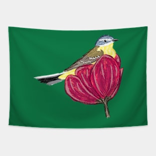 Artwork of a Western Yellow Wagtail sitting in a flower I Tapestry