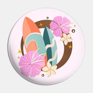 Retro surfboards and tropical flowers Pin