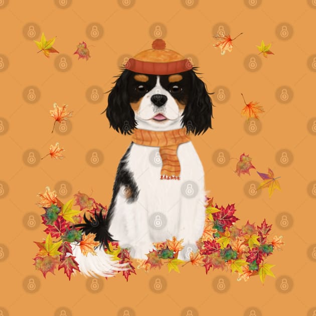 Tri Cavalier in Fall Leave, Tri Colored Cavalier King Charles Spaniel by Cavalier Gifts