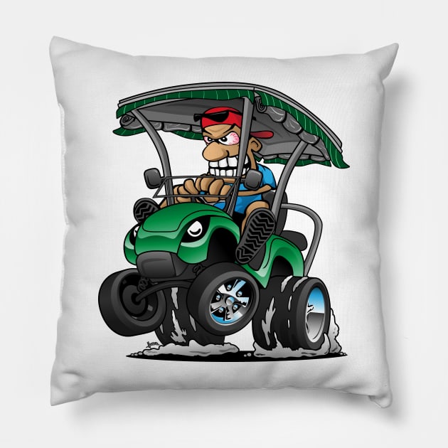 Funny Golf Cart Hotrod Golf Car Popping a Wheelie Cartoon Pillow by hobrath