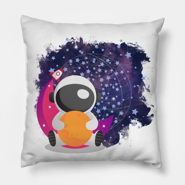 Cute Astronaut on a Pink Moon Space Travel Rocket Stars Pillow by nathalieaynie