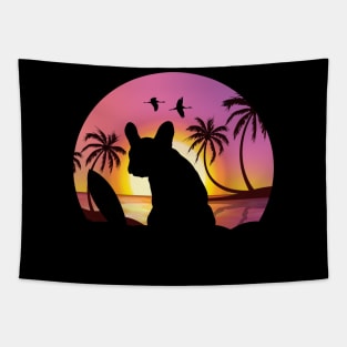 French bulldog and beach, sunset, plam tree, surfing, summer time with frenchie Tapestry