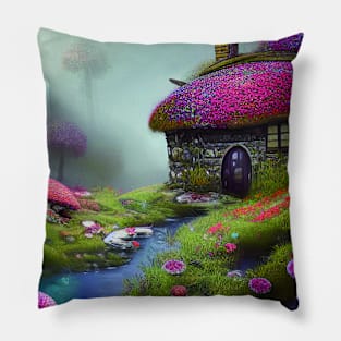 Sparkling Fantasy Cottage with Lights and Glitter Background in Forest, Scenery Nature Pillow