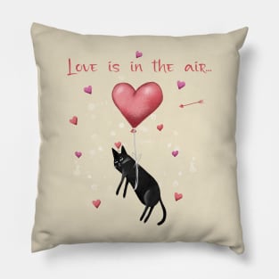 Happy valentines black cat. Cute cat and red hearts. Pillow