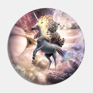 Big Cat Tiger Riding Evil Fire Unicorn In Space Pin