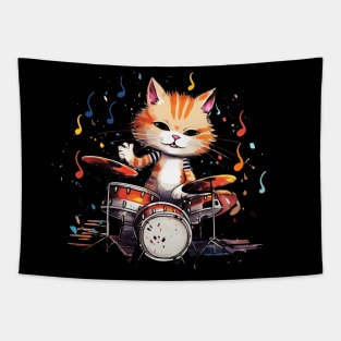 Anime Cat playing on Drums Tapestry