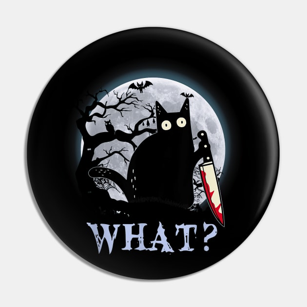 Cat What? Murderous Black Cat With Knife Halloween Costume Pin by cobiepacior