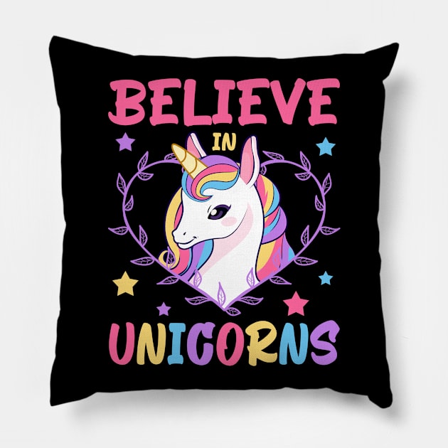 Believe In Unicorns, Cute Unicorn Design Pillow by AS Shirts