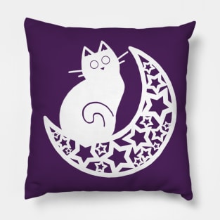 Lunar Cat on the Moon - White Ink Pillow