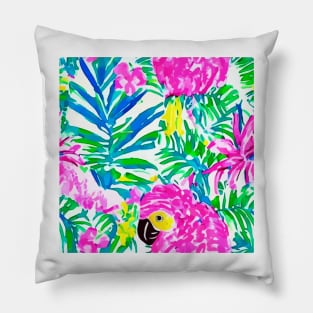 Pink parrot in rainforest, Lilly Pulitzer inspired Pillow