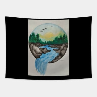 A flock of birds flying high above falling water Tapestry