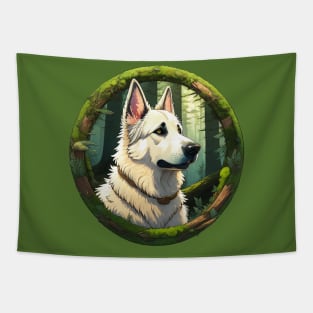 White German Shepherd Dog In A Mossy Forest Tapestry