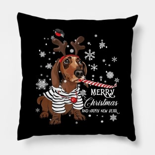 cute dachshund merry christmas and happy new year Pillow