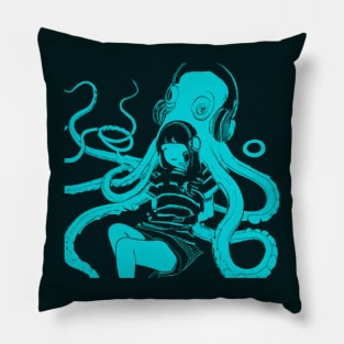 Girl and Octopus Relax with Headphones Pillow