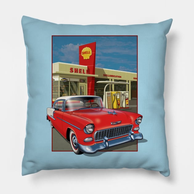 Gas station with 1955 Chevrolet. Pillow by candcretro