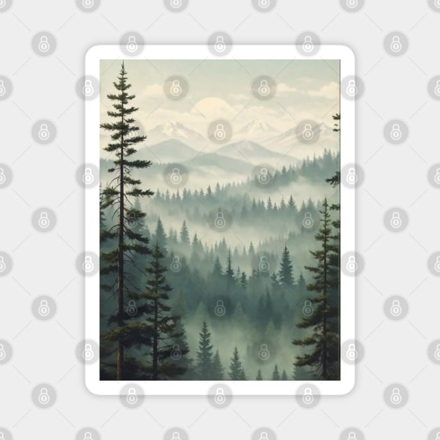 Misty landscape with fir forest Magnet by Anik Arts