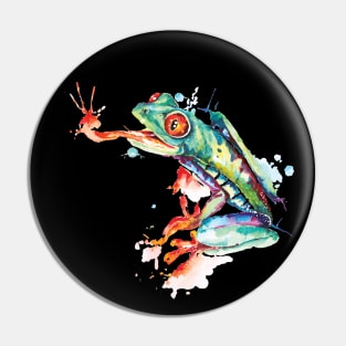 Green frog painted with watercolor Pin