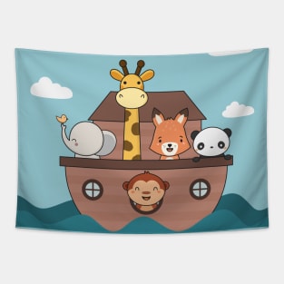 Kawaii Cute Zoo Animals On A Boat Tapestry