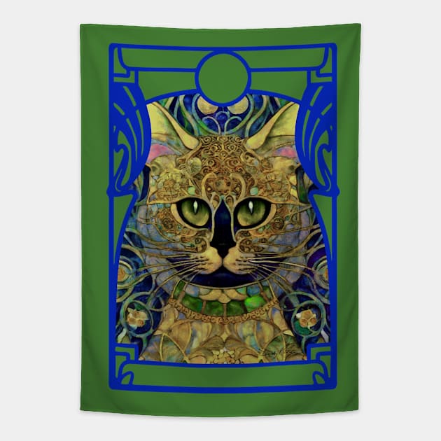 Abstract Portrait of a Cat in Vintage Tiffany Style Stained Glass Look Tapestry by Sandy Richter Art & Designs