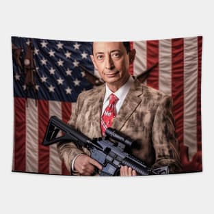 Pee Wee Herman with machine gun, USA flag behind Tapestry