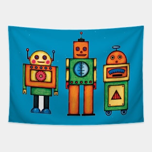 Three Retro Robot Friends Tapestry