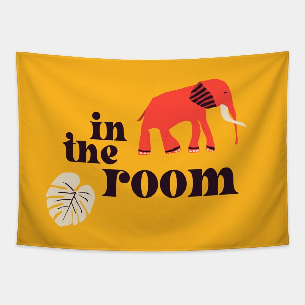 Elephant in the room: Retro font and art in bright red and yellow (with bonus monstera leaf) Tapestry by PlanetSnark