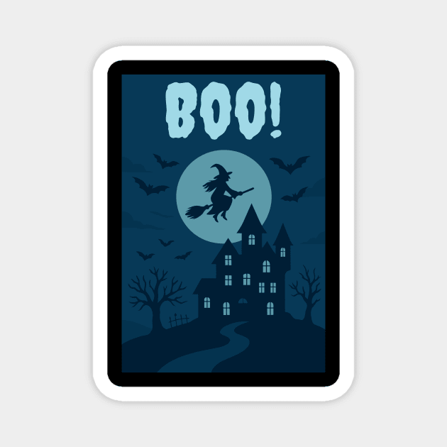BOO! Halloween Witch Flying Over Haunted House – Spooky Halloween Art Magnet by DonWillisJrArt
