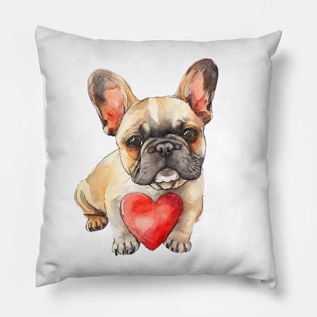 Valentine French Bulldog Holding Heart Pillow by Chromatic Fusion Studio