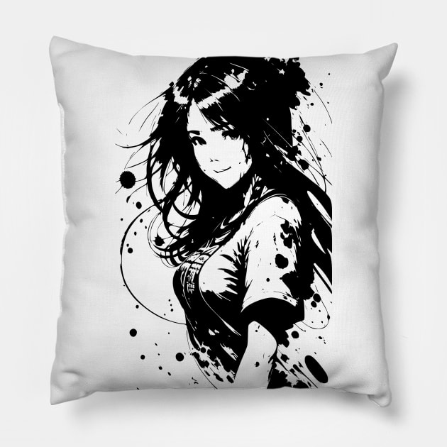 Kawaii Anime Girl Wearing Tshirt 01 Pillow by SanTees