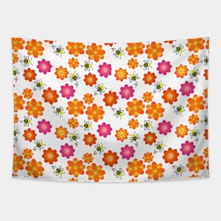 Bumble Bees and Pink Orange Flower Print Tapestry