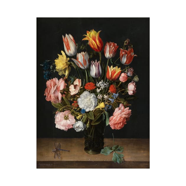 A still life of tulips, roses, bluebells, daffodils, a peony and other flowers in a glass roemer on a wooden ledge with a dragonfly by Jacob van Hulsdonck by Amanda1775