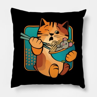 Cat Eating Noodles with Mouse Pillow