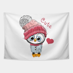 Cute penguin girl in a winter hat and scarf Tapestry