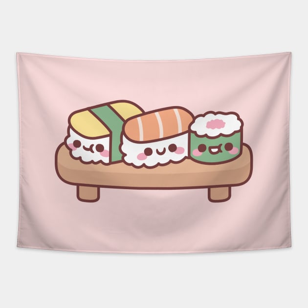 Cute Japanese Sushi Trio, Egg, Salmon and Maki Tapestry by rustydoodle