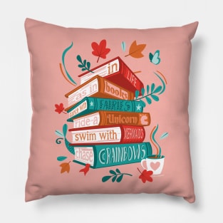 In life as in books dance with fairies, ride a unicorn, swim with mermaids, chase rainbows motivational quote // spot //sundown pink background red orange and green books Pillow