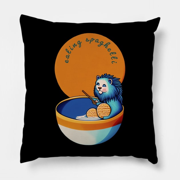 funny cat eating spaghetti by kaziknows Pillow by kknows