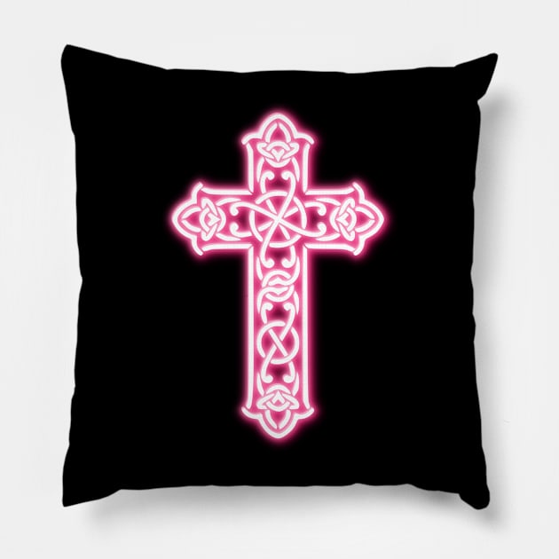 Pink Neon Celtic Knot Cross Pillow by la chataigne qui vole ⭐⭐⭐⭐⭐