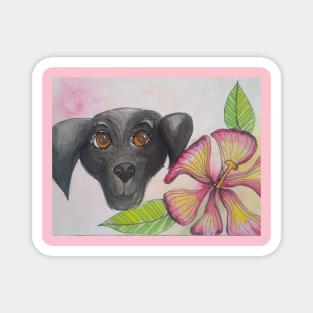 Black puppy and flower Magnet