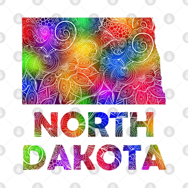 Colorful mandala art map of North Dakota with text in multicolor pattern by Happy Citizen