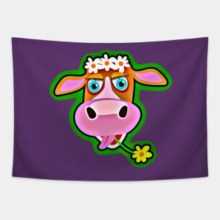 Cute Cow with Bohemian Flower Crown Tapestry