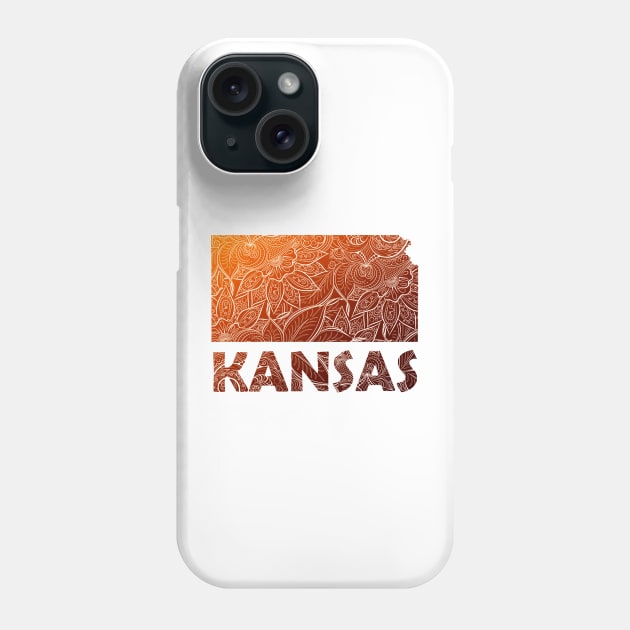 Colorful mandala art map of Kansas with text in brown and orange Phone Case by Happy Citizen
