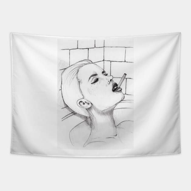 girl smokes a cigarette Tapestry by Garafena_art