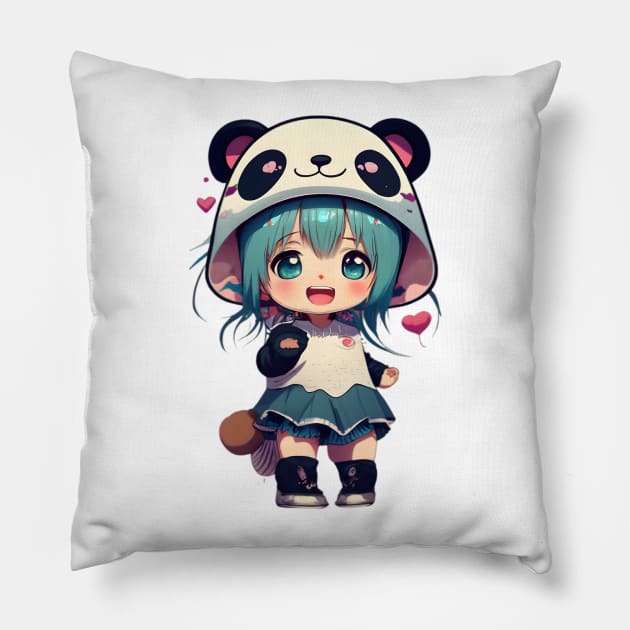 Anime Girl with Panda Hat Pillow by culturageek