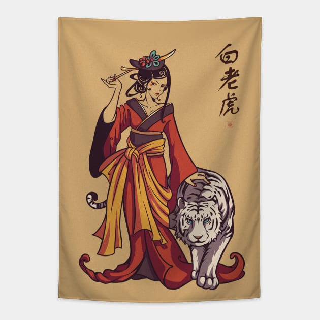 Goddess & White Tiger Tapestry by KucingKecil