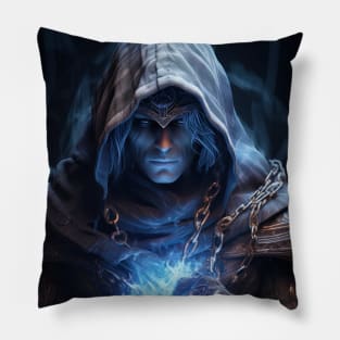 a dark mage with blue magic Pillow