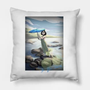 the girl with blue umbrella Pillow