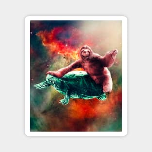 Funny Space Sloth Riding On Turtle Magnet