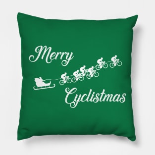 Merry Cyclistmas | Christmas Cycling Graphic - Santa with Bikes | White Print Pillow