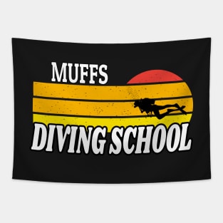 We Go Down With Confidence Muffs Diving School - Retro Sunset Diving Lover Gift Tapestry